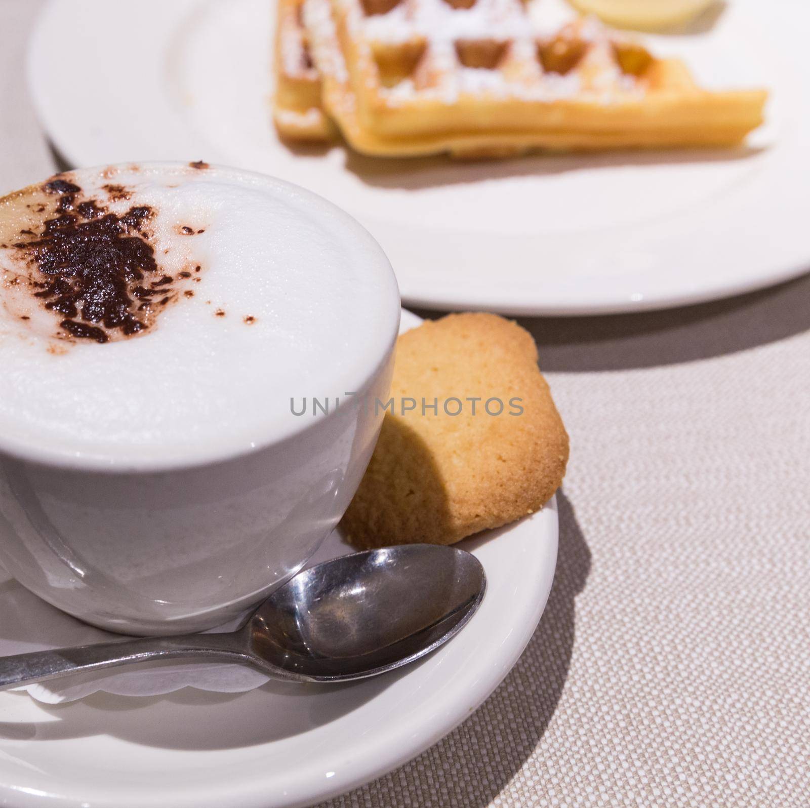 Classic white cup of coffee with waffle and icecream