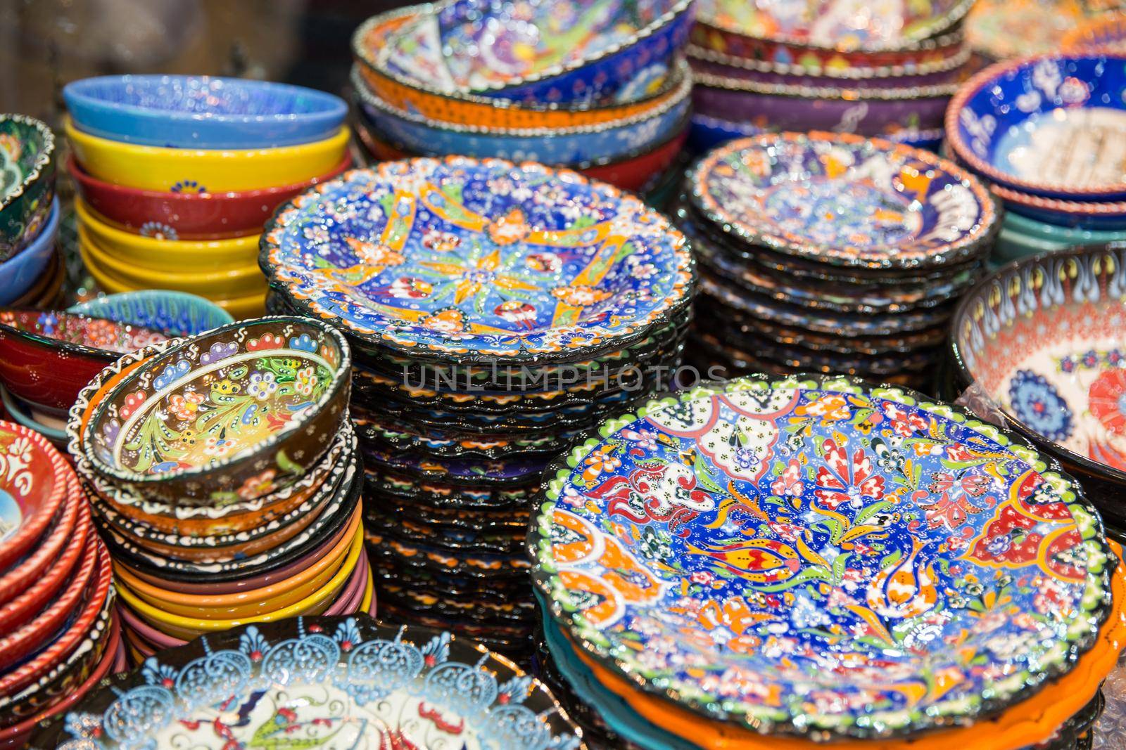 beautiful arabic plates selling on a eastern market