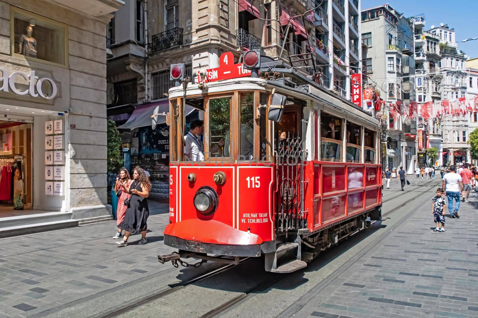 istanbul,turkey-august 28,2021.Street view from Istiklal Street with its historical and modern buildings in summer season with tourists and visitors in istanbul.