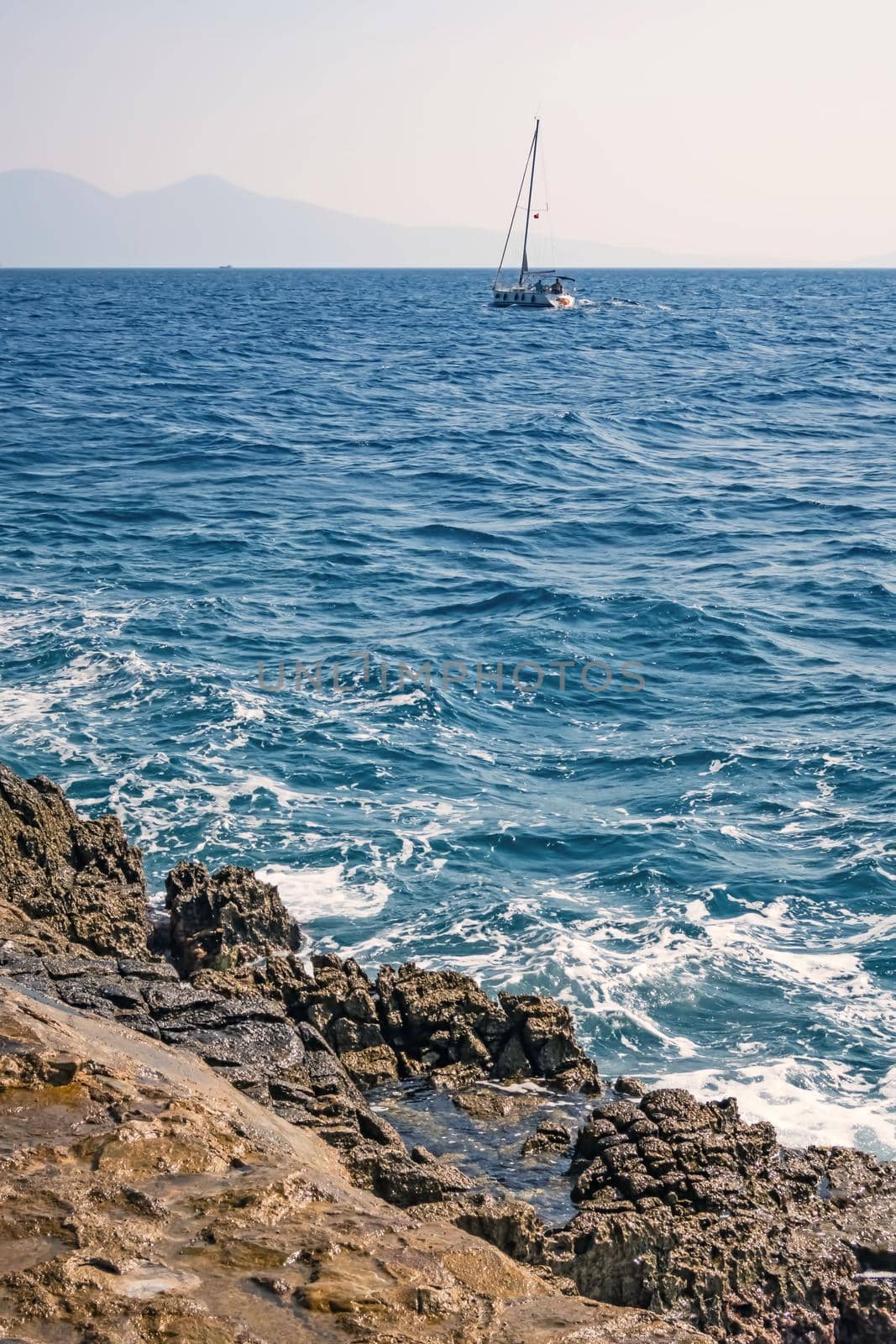 kusadasi,aydin,turkey- july 24,2021.summer season and sea view on the aegean sea coast in kusadasi and summer season.