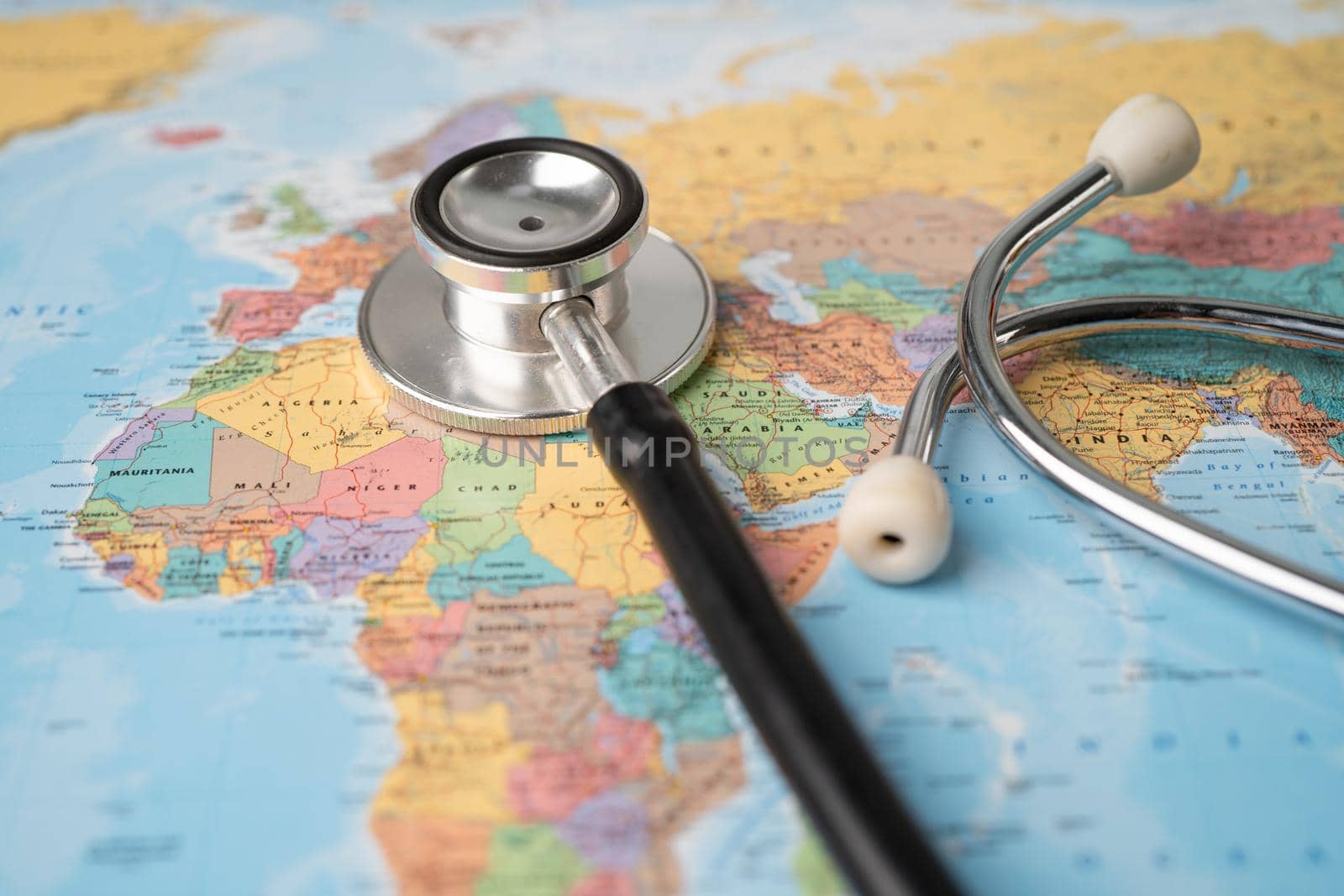 Bangkok, Thailand JUNE 1, 2020, Stethoscope on world map. by pamai