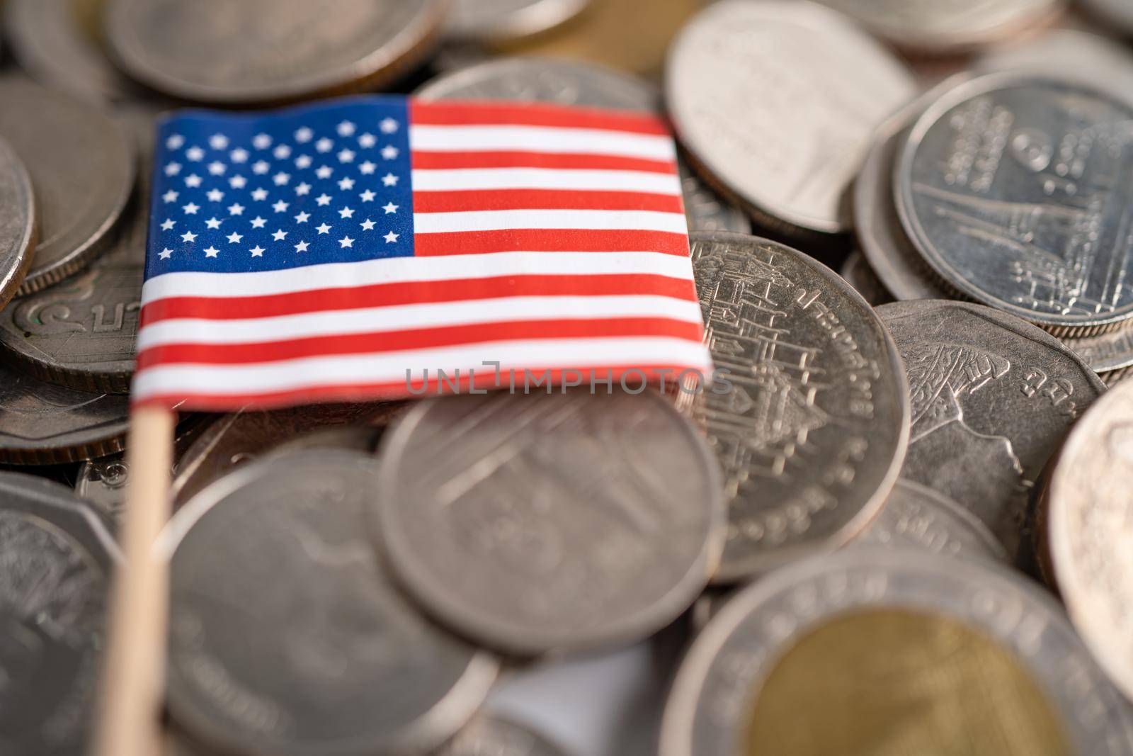 Stack of coins with USA America flag, finance concept. by pamai