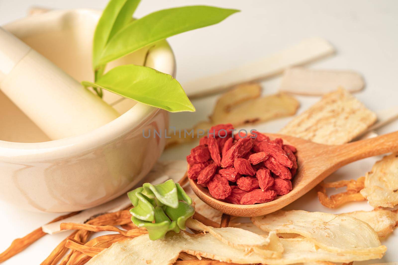 Chinese herb medicine with goji berries for good healthy. by pamai