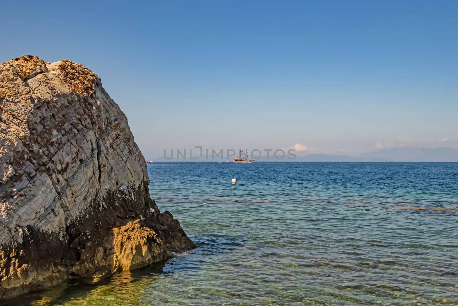 kusadasi,Aydin,Turkey- July 24,2021.summer season and sea view on the aegean sea coast in kusadasi.