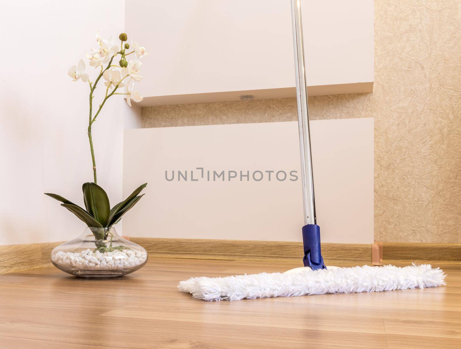 Modern white mop cleaning wooden floor in house