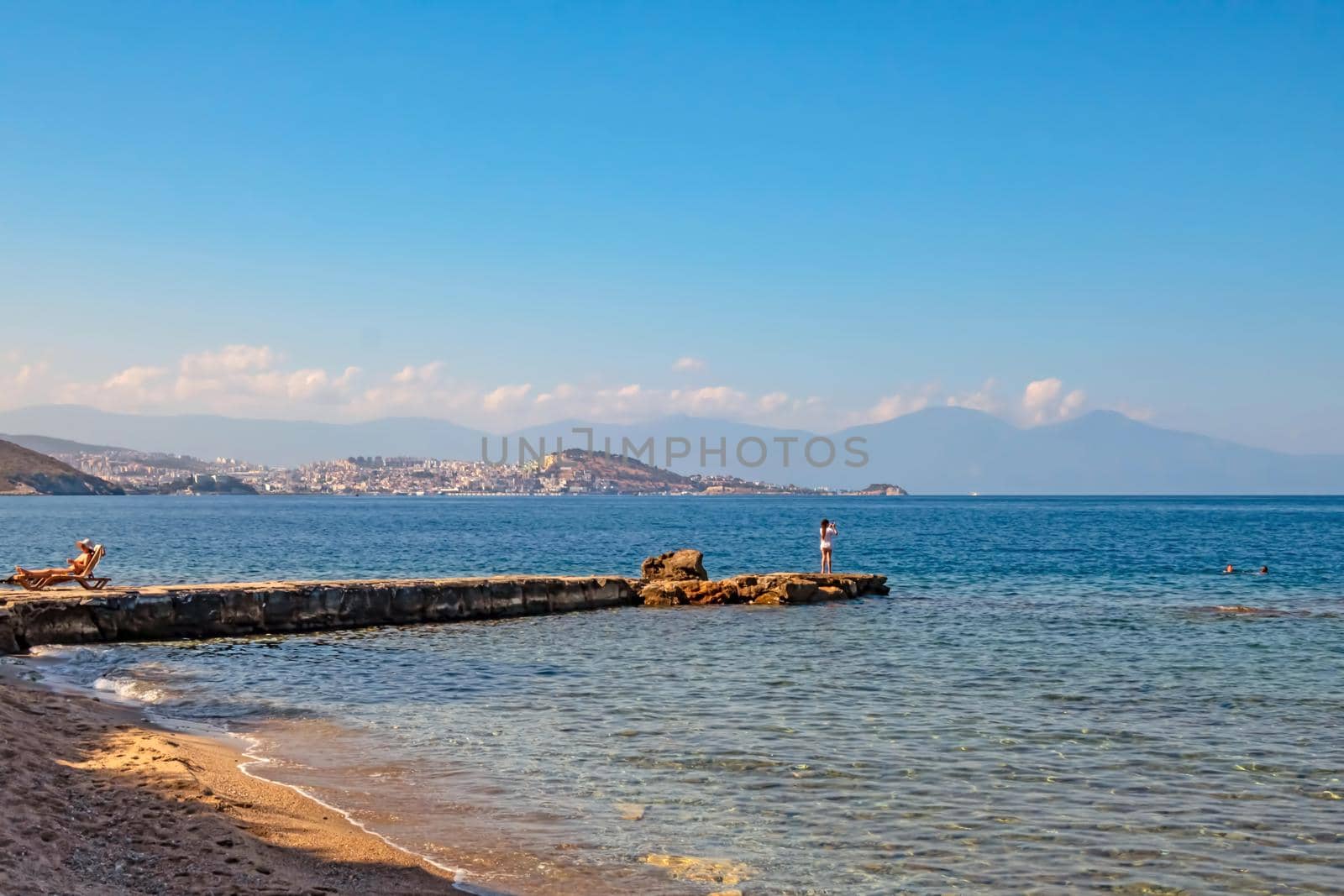 kusadasi,aydin,turkey- july 24,2021.summer season and sea view on the aegean sea coast in kusadasi and summer season.