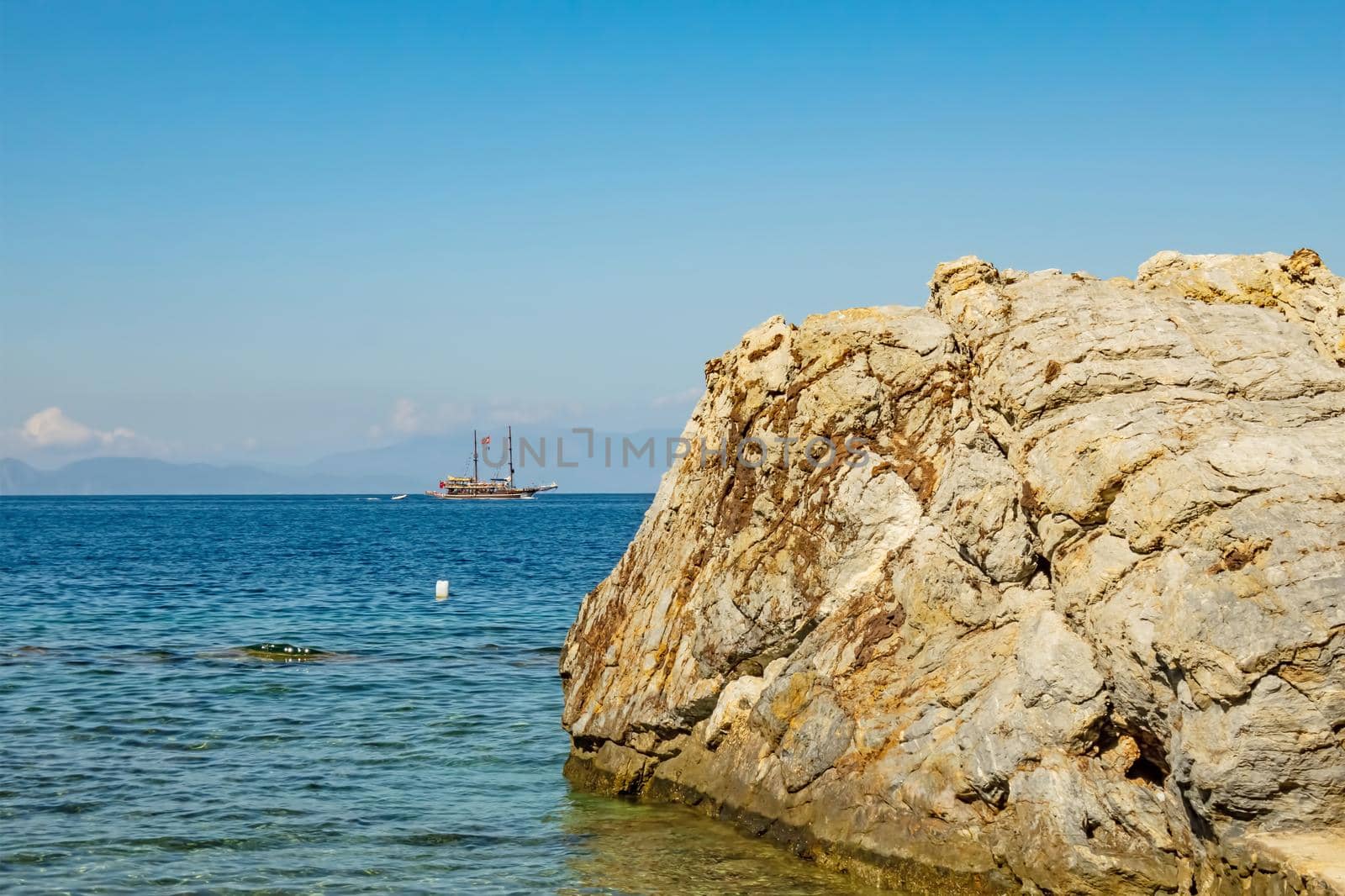 kusadasi,aydin,turkey- july 24,2021.summer season and sea view on the aegean sea coast in kusadasi and summer season.