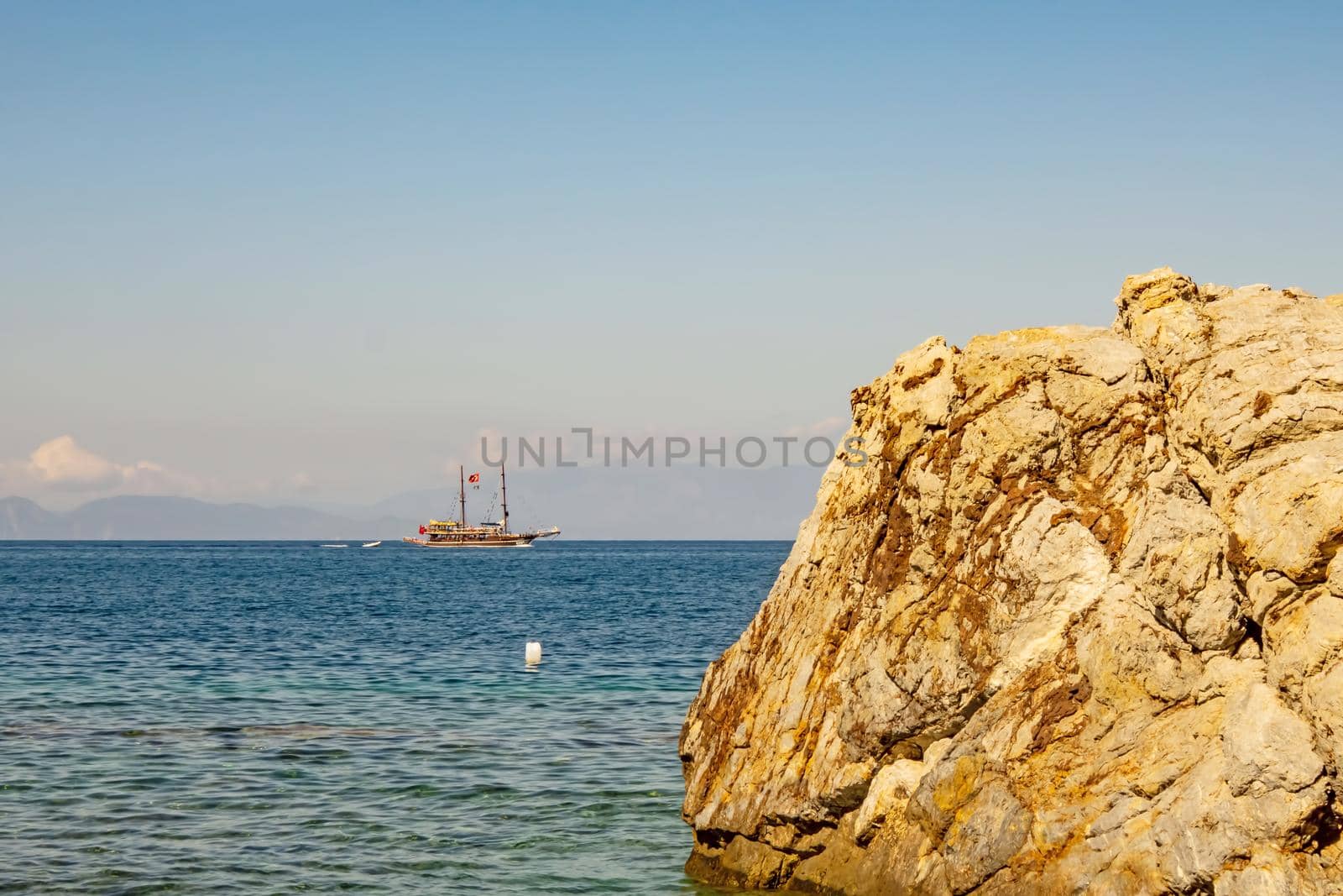 kusadasi,aydin,turkey- july 24,2021.summer season and sea view on the aegean sea coast in kusadasi and summer season.