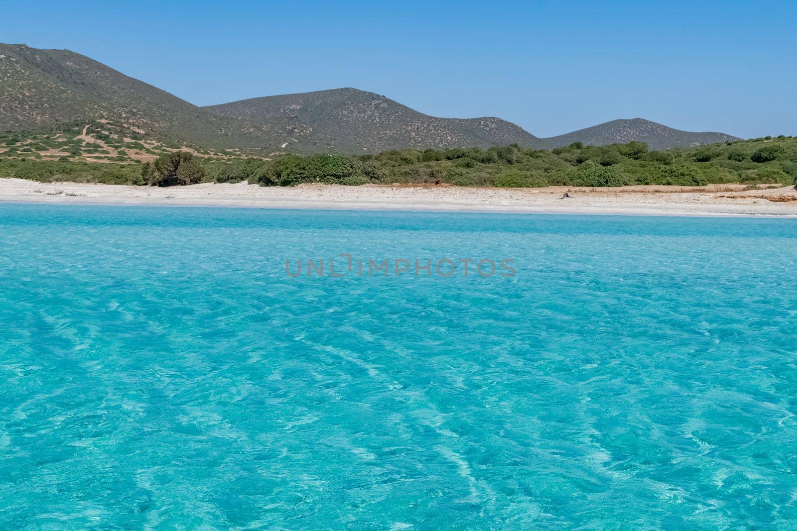 Beautiful view of the southern Sardinian sea. The incredible colors of Zafferano bay, Teulada, Italy.