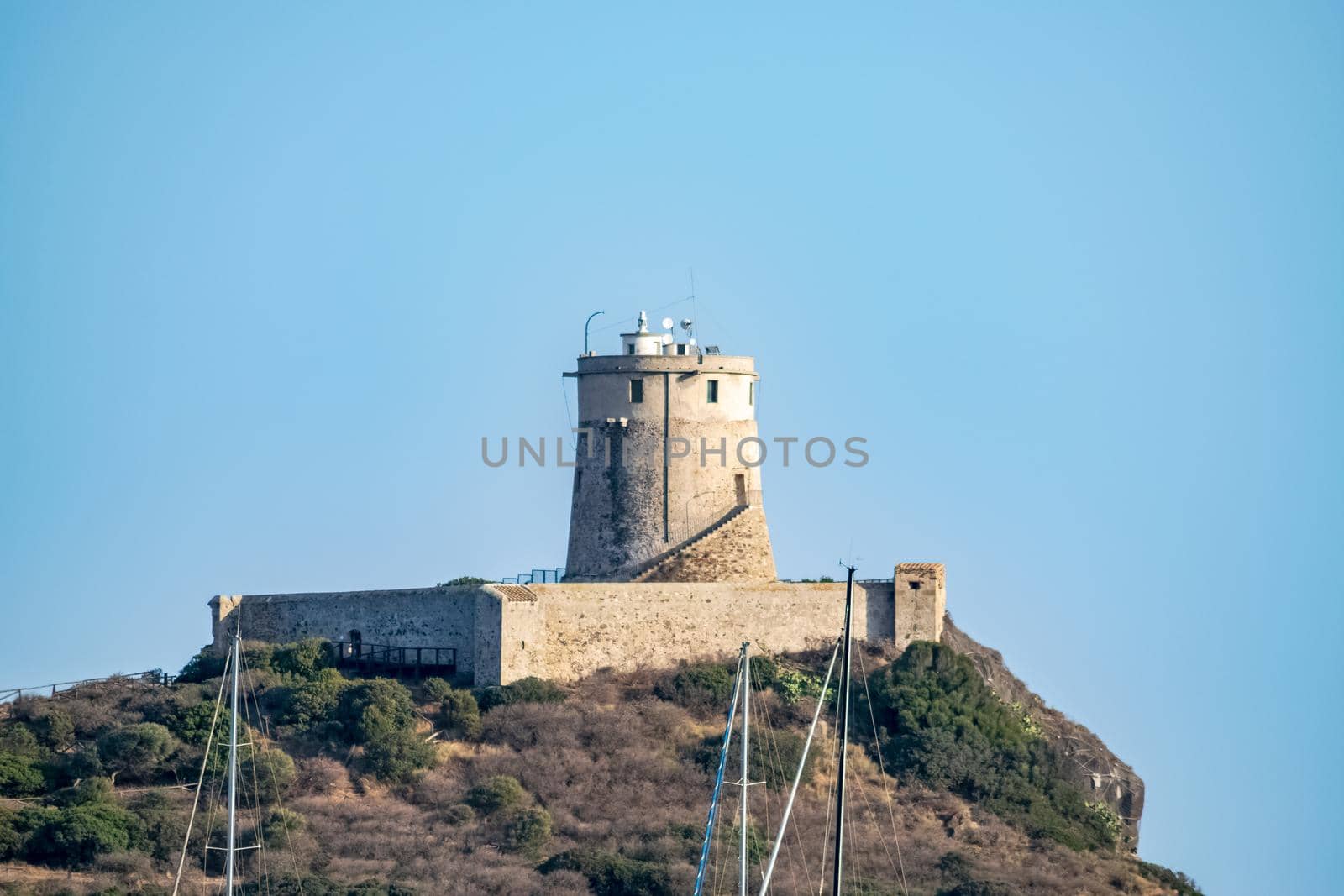 Closeup of the beautiful and characteristic Coltellazzo Tower, Nora, Sardinia, Italy.