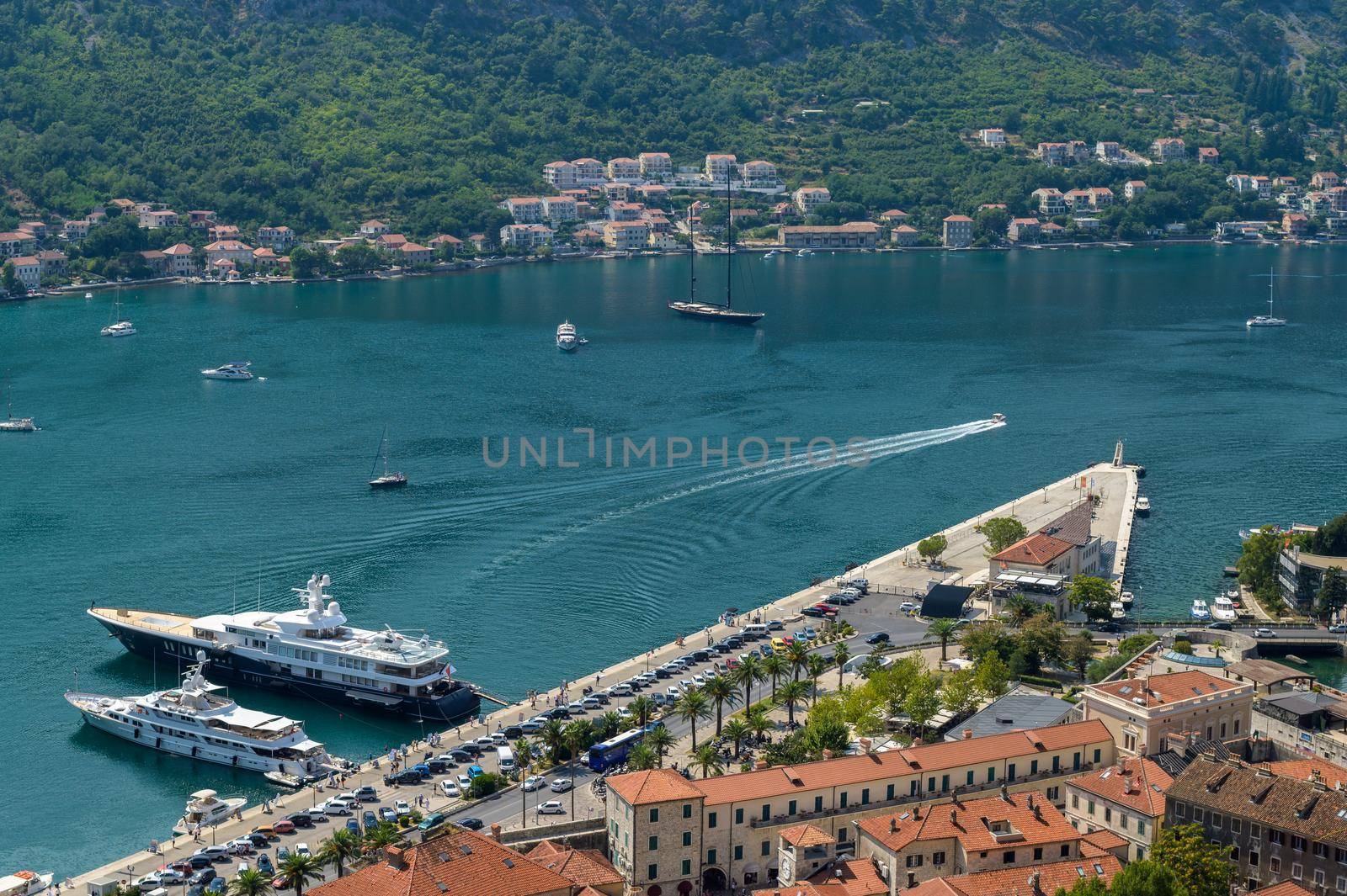 Montenegro landmark Kotor Bay and harbor seen from the medieval Foretress at the peak of mountain
