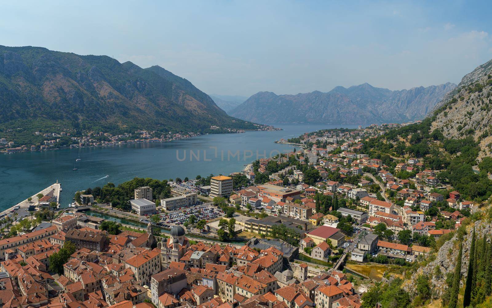 Montenegro landmark Kotor Bay and harbor seen from the medieval Foretress at the peak of mountain