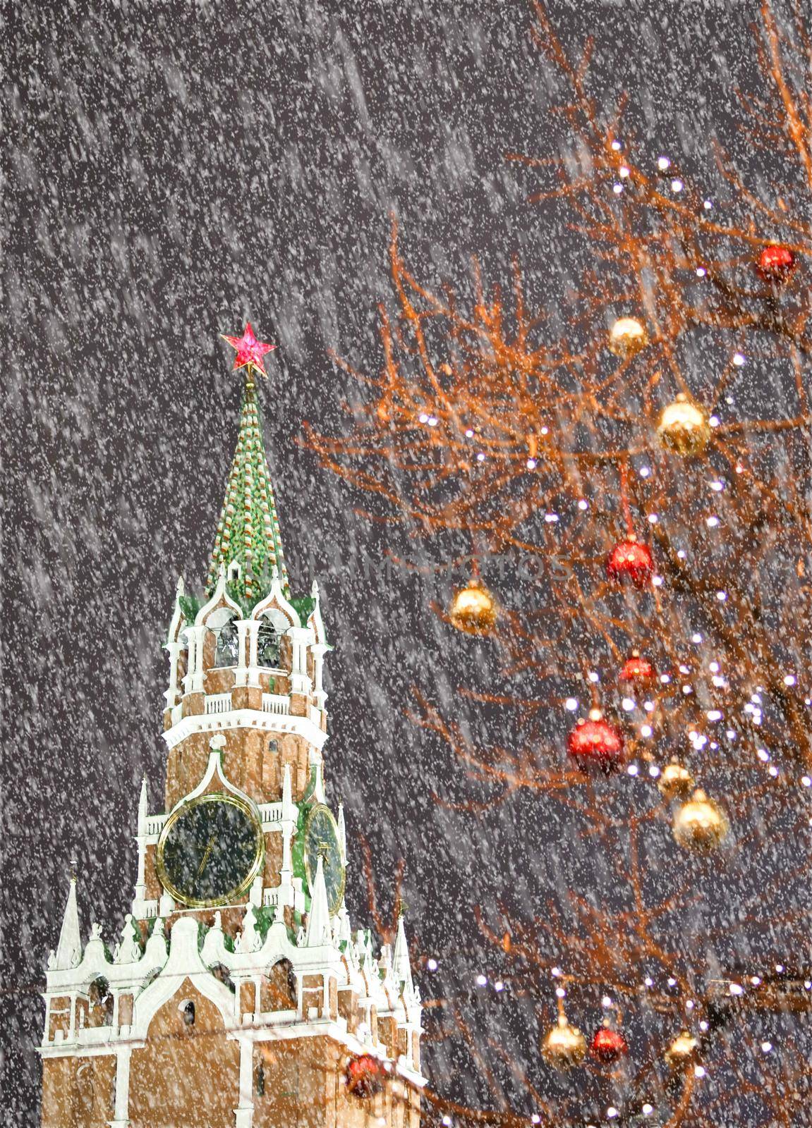 Spasskaya Tower on Red square in Moscow, Russia on Christmas