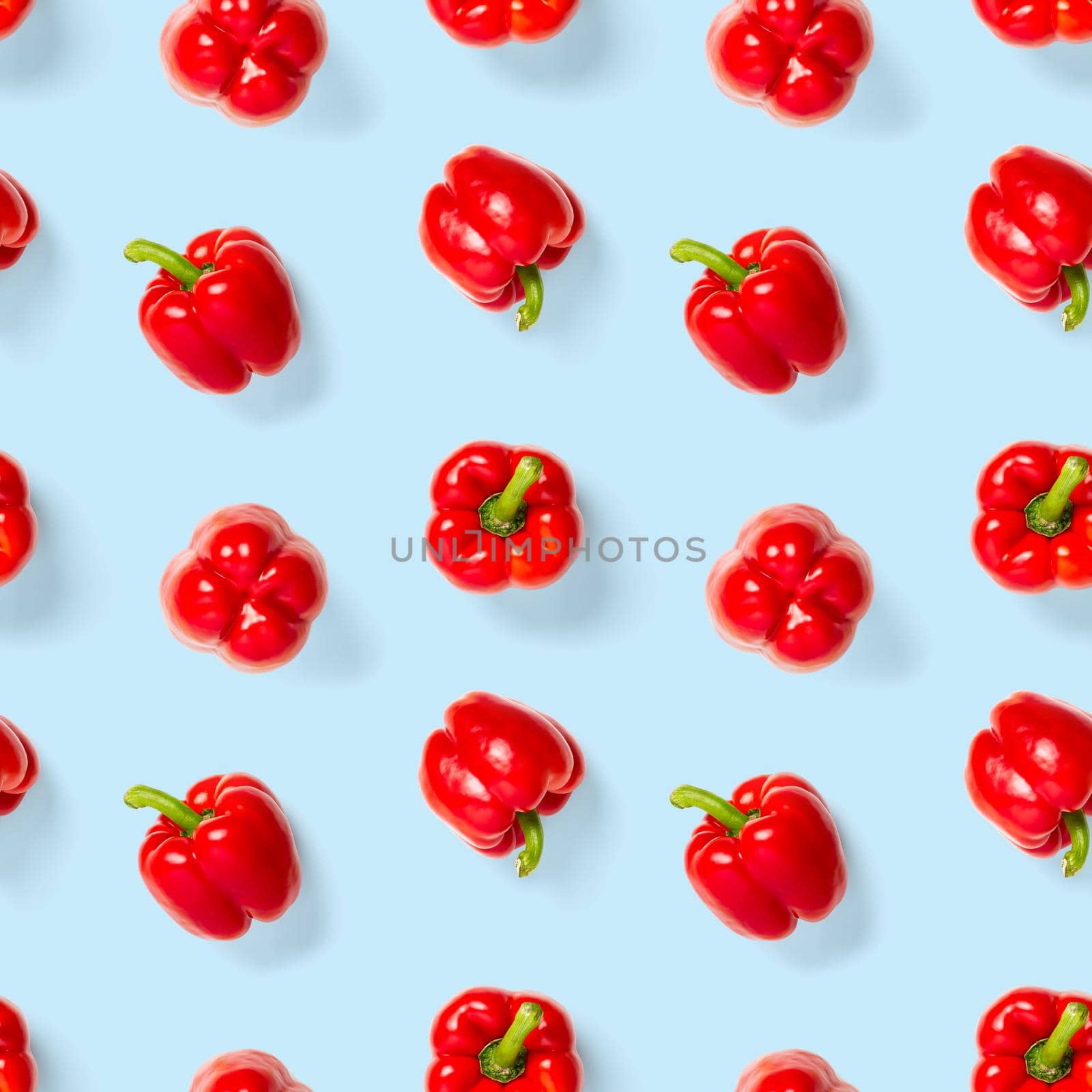 seamless pattern of bulgarian red pepper on blue background. wallpaper, print pattern, top view, flat layout, isolated by PhotoTime