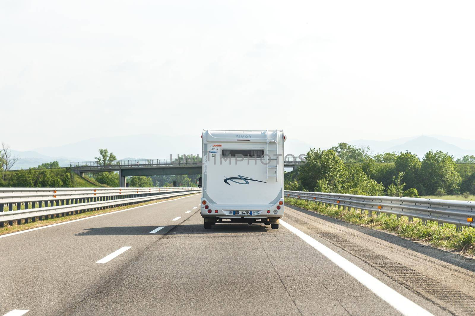 BOLOGNA, ITALY 06 MAY, 2018: Camper on the road in Italy, motorhome trailer