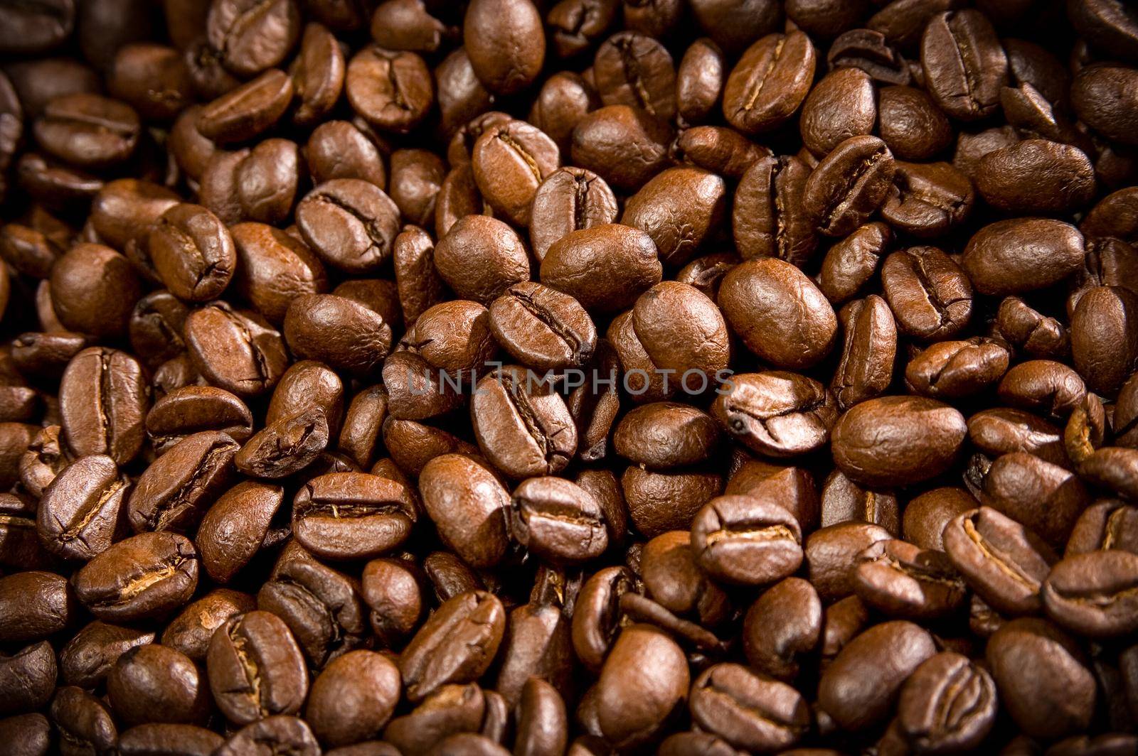 Brown coffee beans, closeup of coffee beans for background and texture