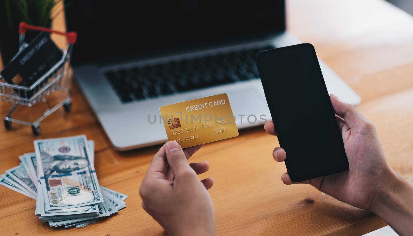 shopping online with credit card using smart phone at home. online purchase concept.