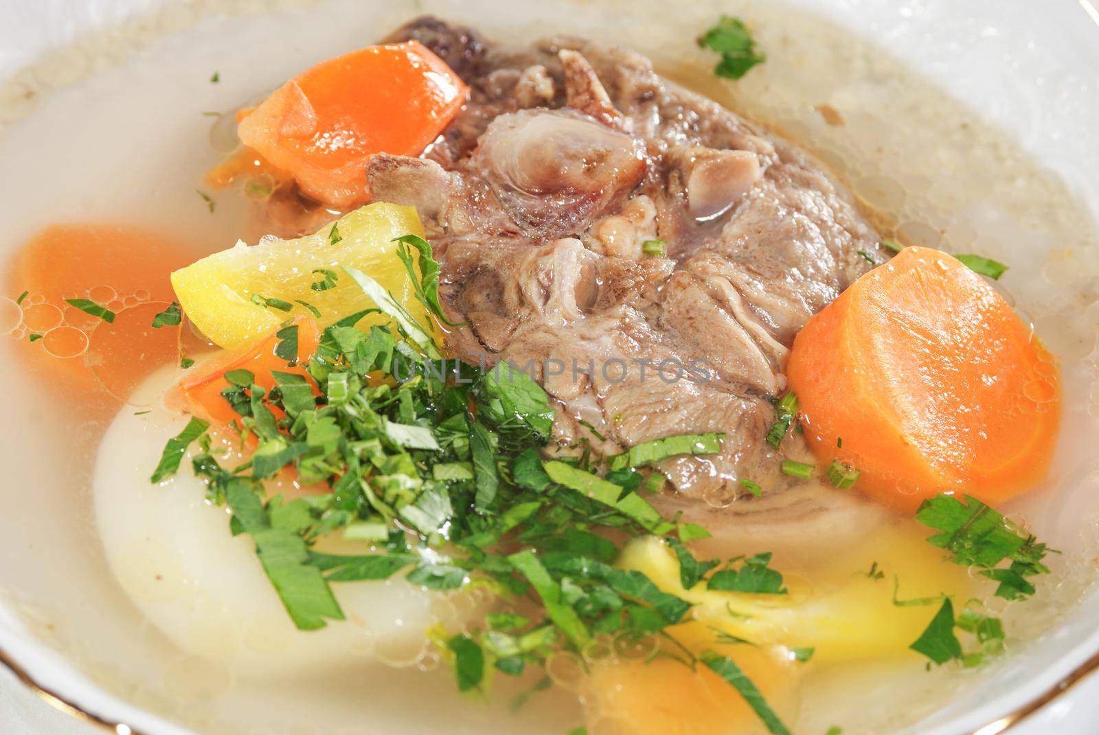 Meat soup with vegetables, pork broth