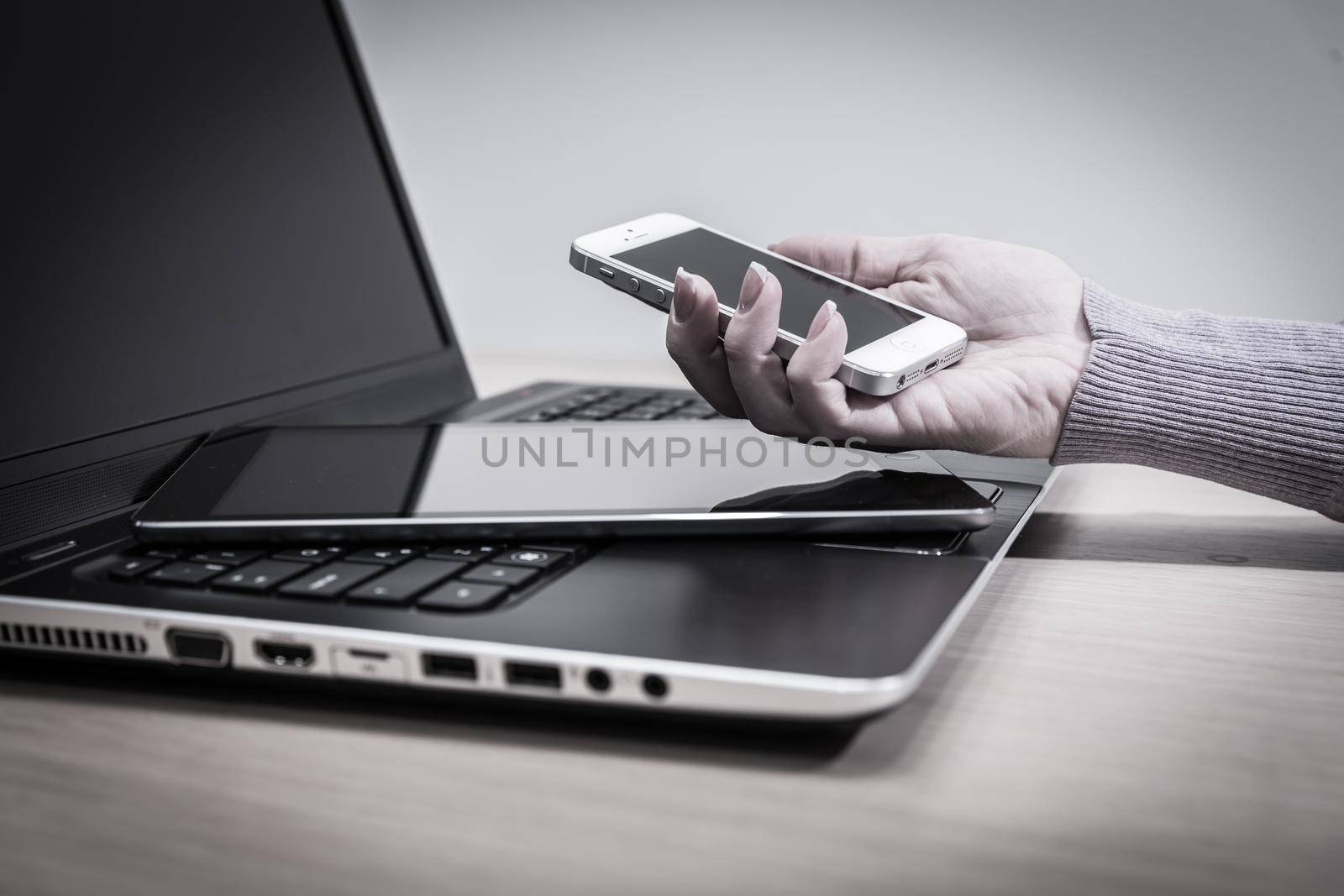 Modern electronic devices - laptop, tablet and telephone