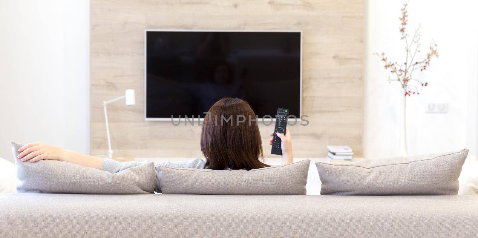 Young woman watching TV in living room, back view
