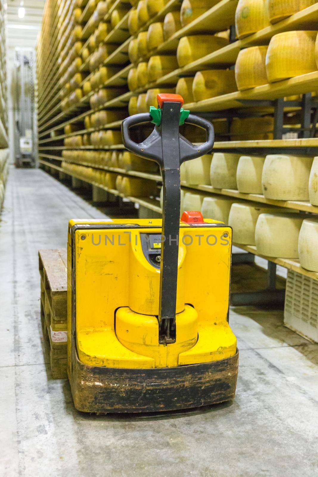 Parmigiano Cheese factory production shelves with aging cheese in Italy, Bologna