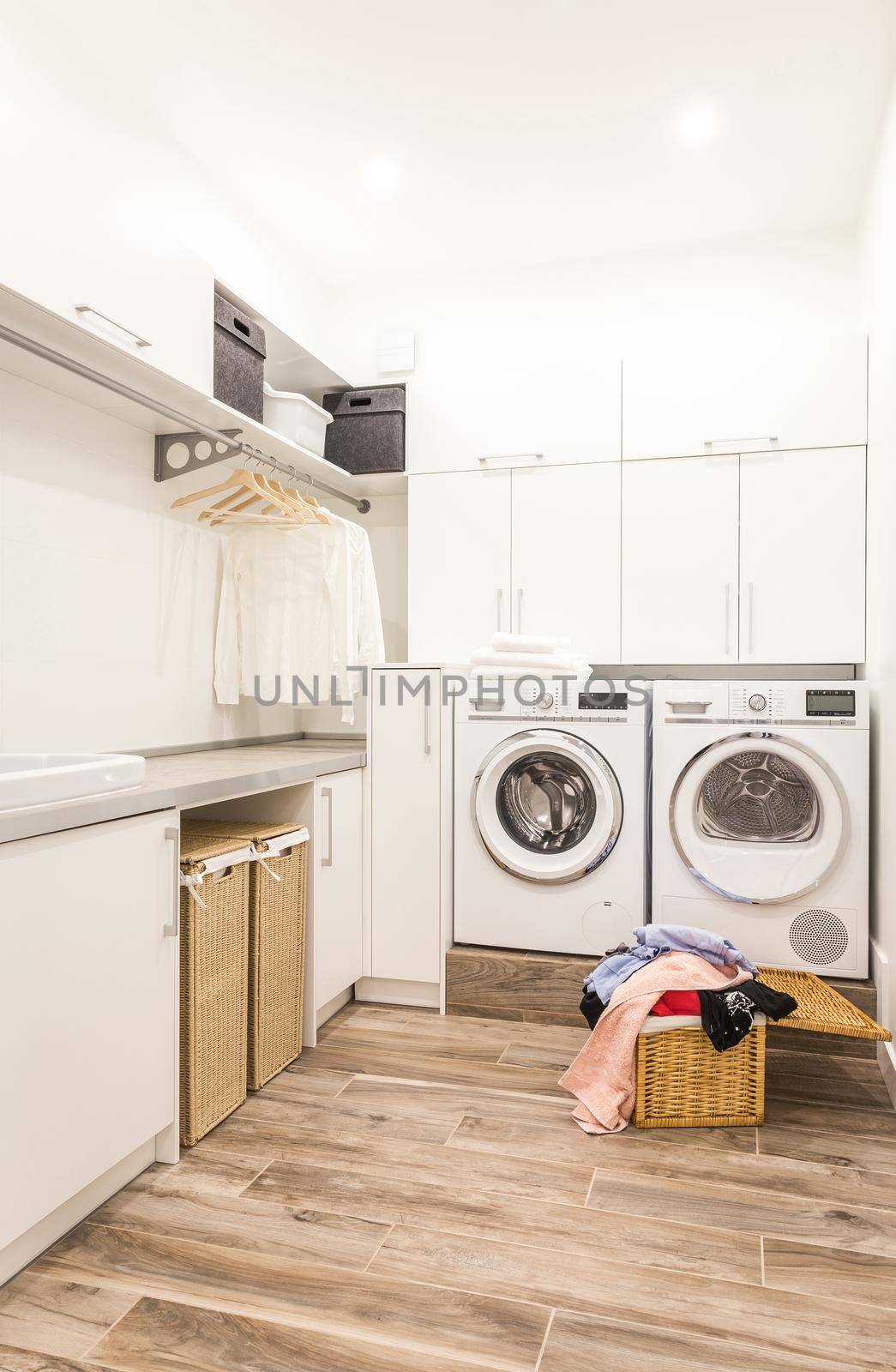 Laundry room with basket and dirty clothes