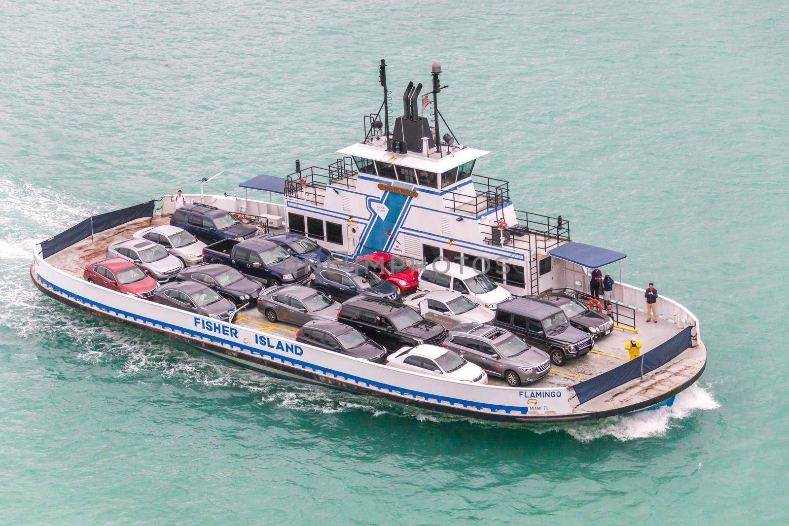 MIAMI, USA - DECEMBER 11, 2016 : Ferry transporting cars from Fisher Island in Miami