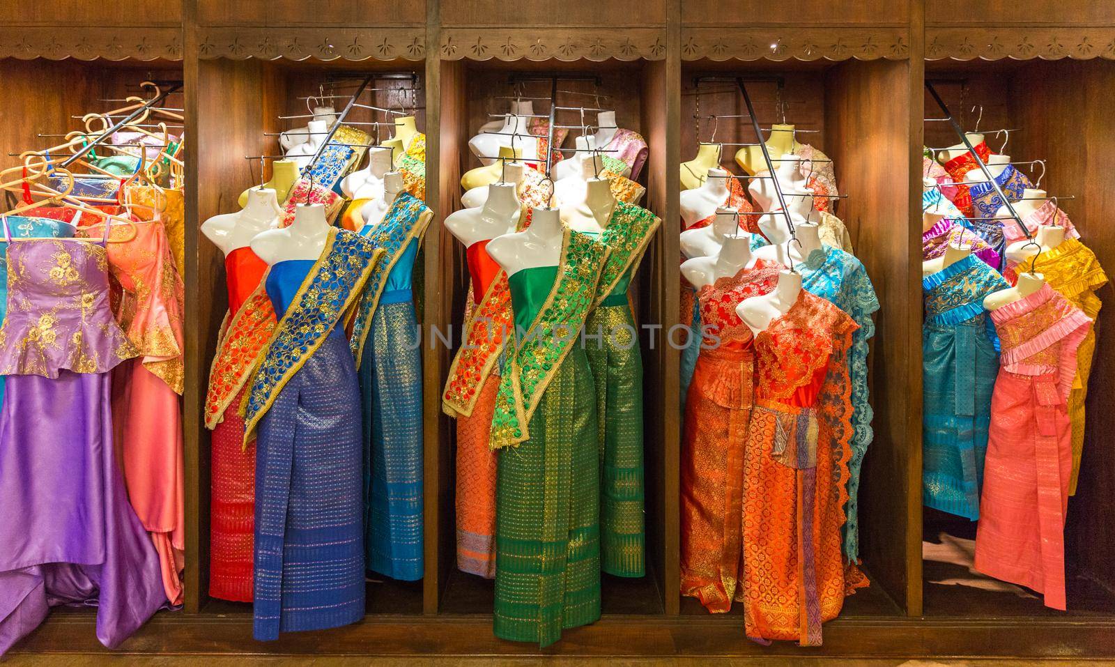 Veriety of thai traditional dresses in store