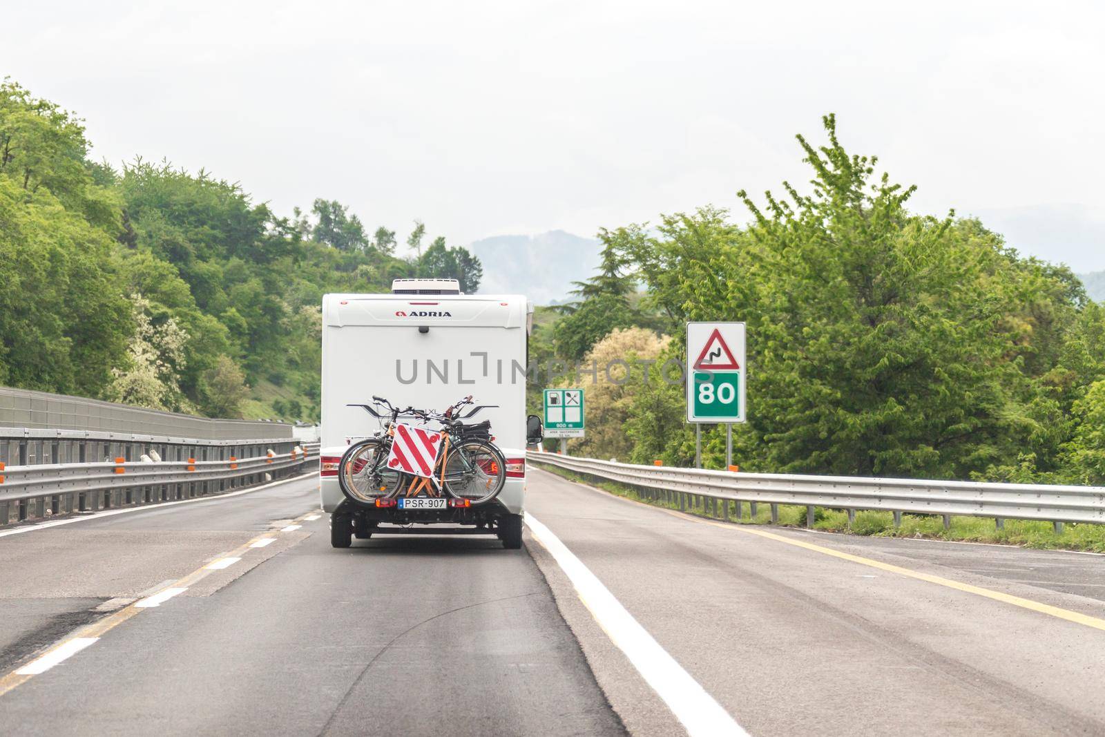 BOLOGNA, ITALY 06 MAY, 2018: Camper on the road in Italy, motorhome trailer