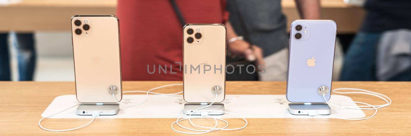 Aventura, Florida, USA - September 20, 2019: The iPhone 11, 11 Pro and Pro Max are displayed as the new smartphone by Apple goes on sale on the first day