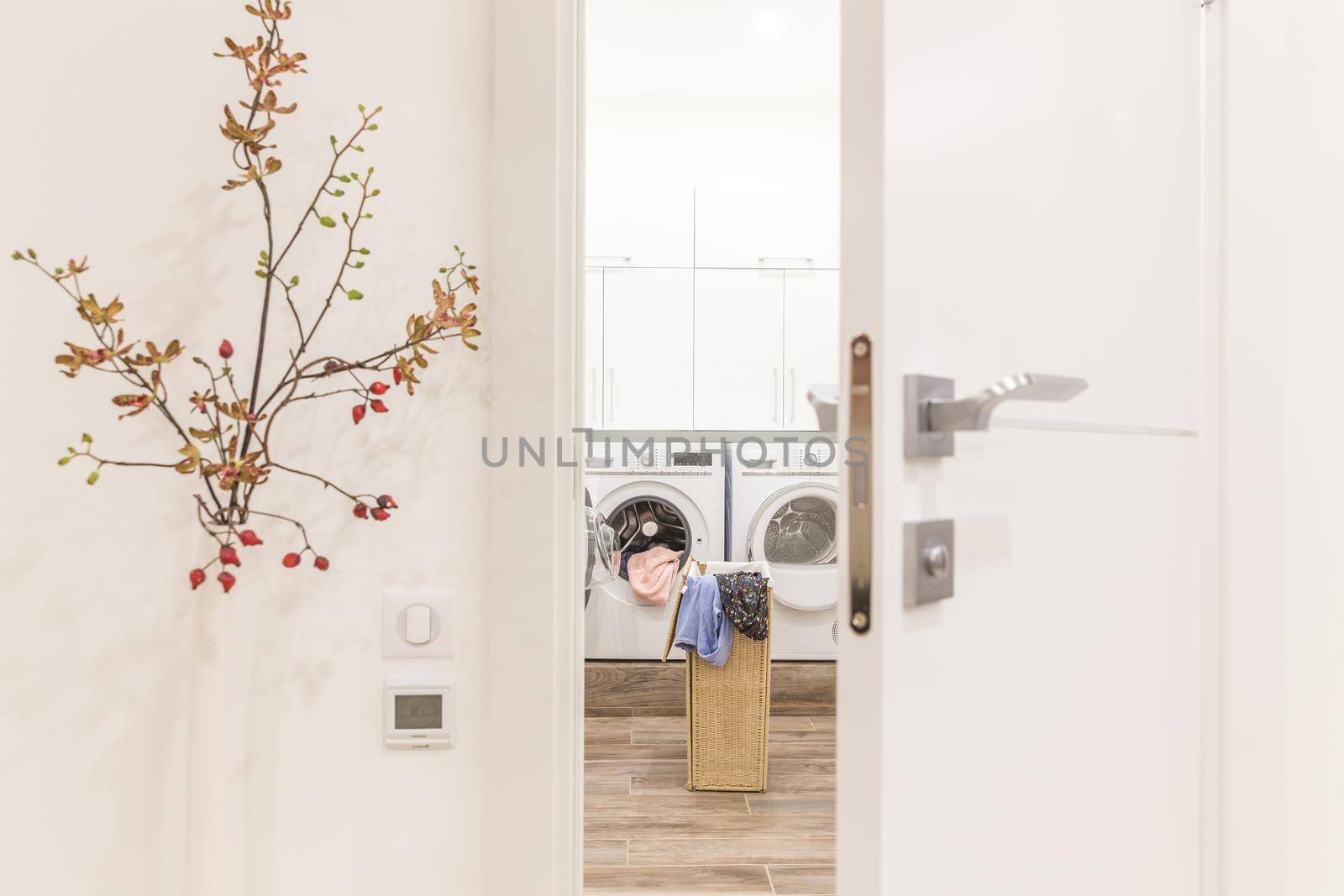 View through door to laundry room with basket and washing machine