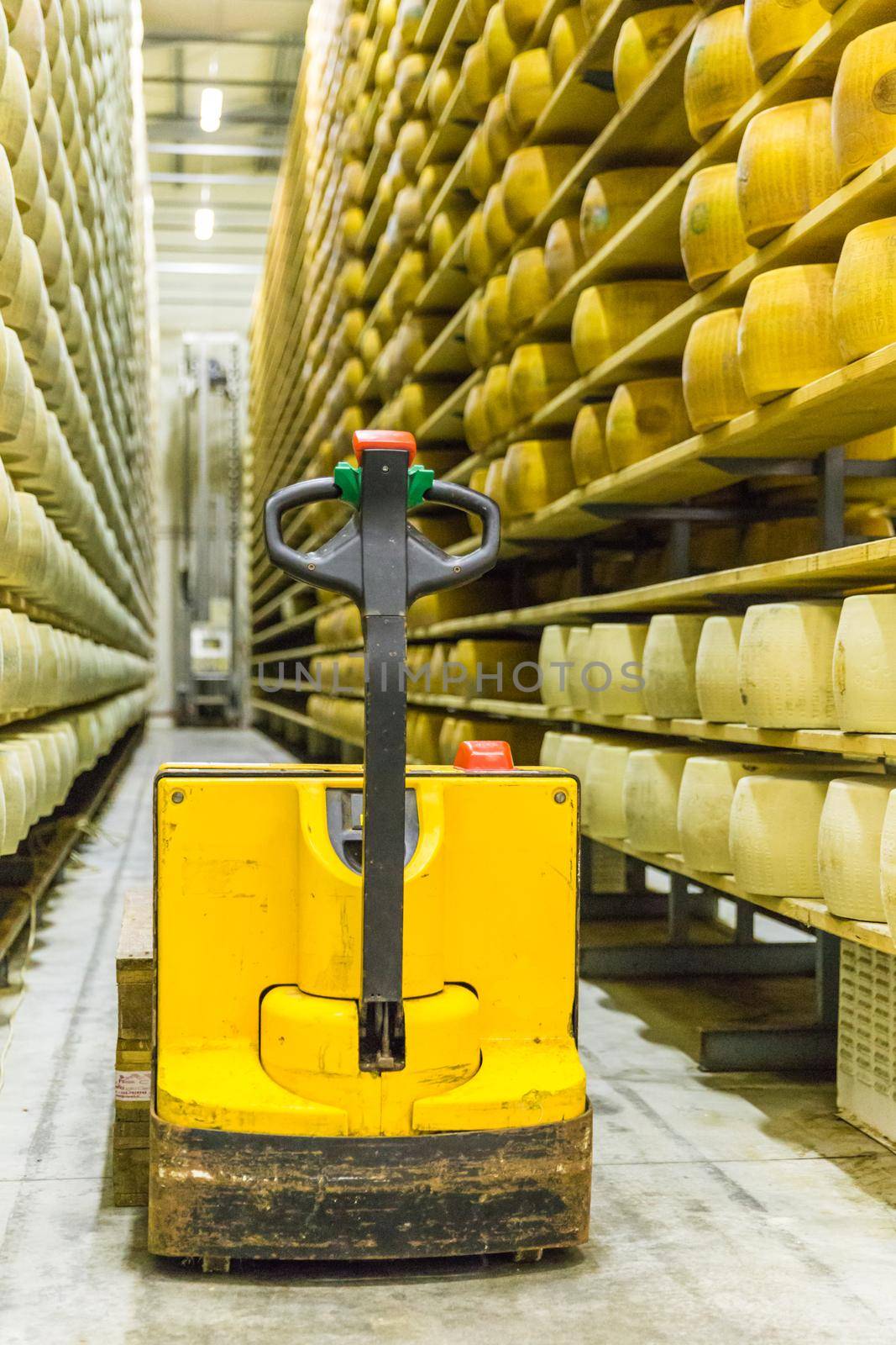 Parmigiano Cheese factory production shelves with aging cheese in Italy, Bologna