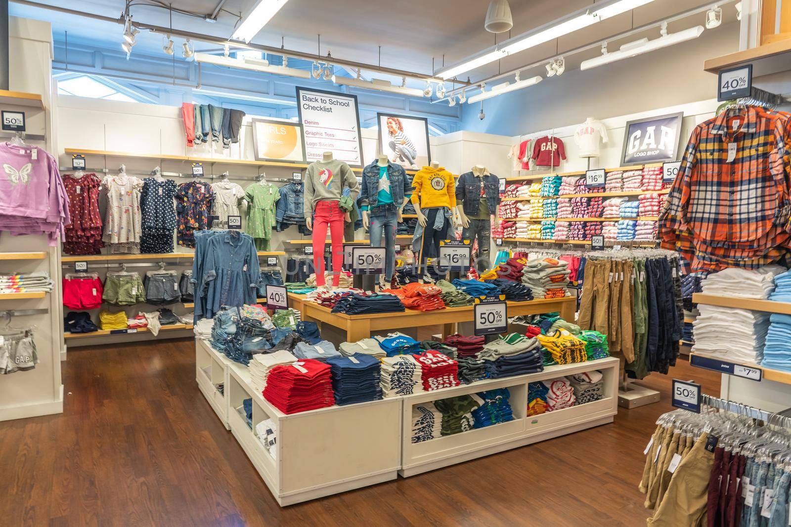 Key West, Florida, USA - September 13, 2019: clothing on display at GAP store in Key west