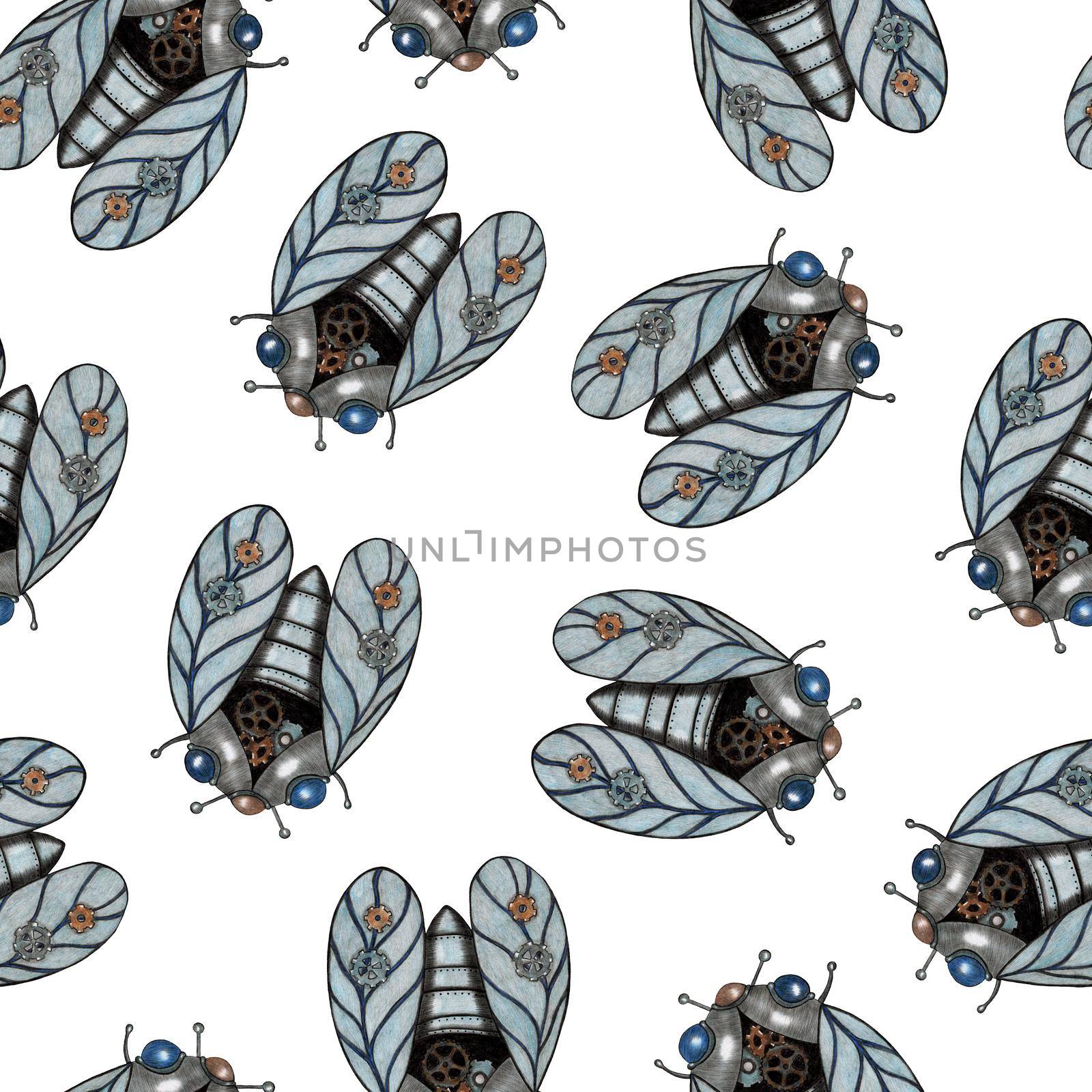 Hand-Drawn Seamless Pattern of Gray Colored Steampunk Cicada on White Backdrop.