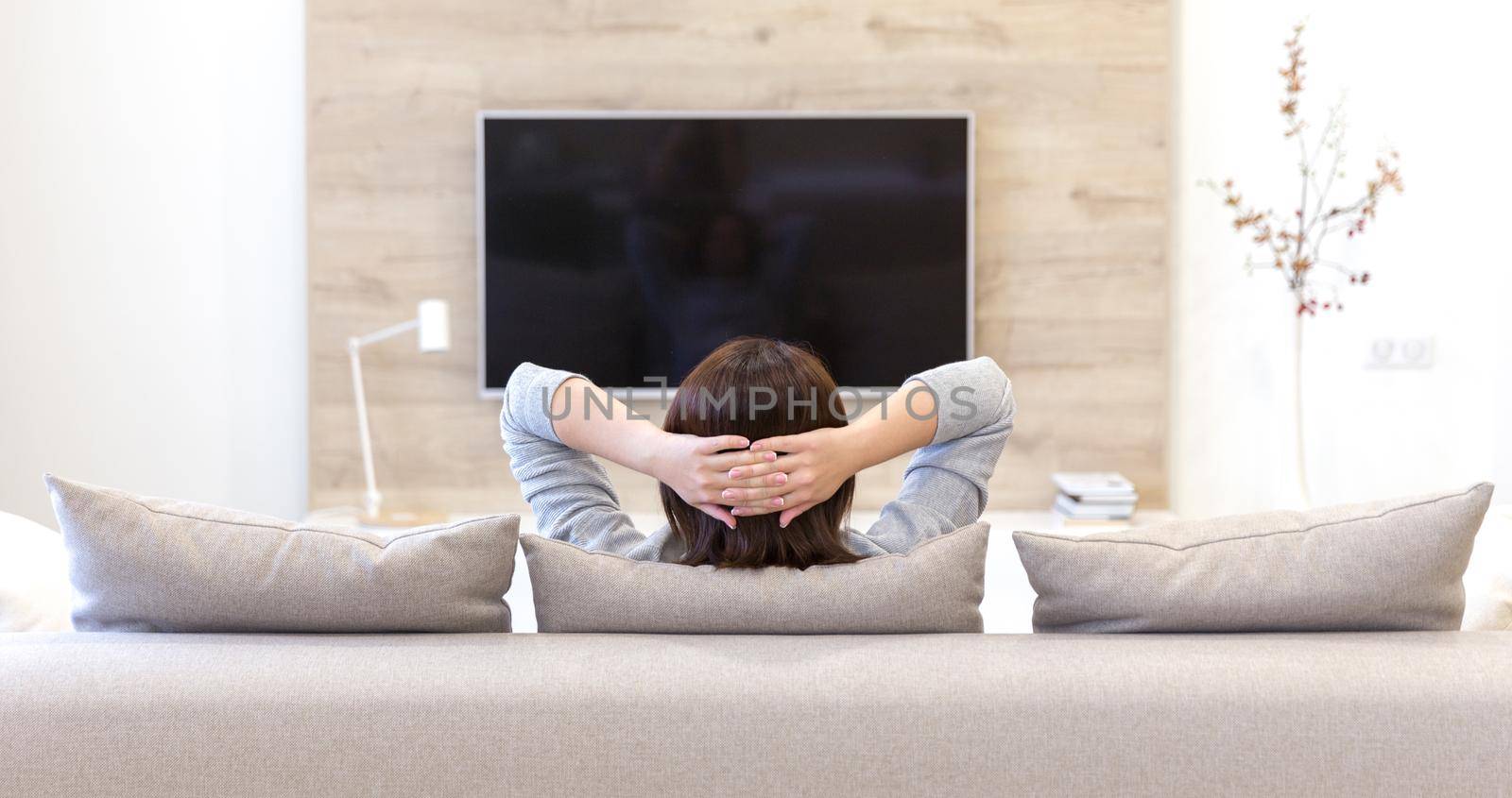 Young woman watching TV in living room, back view