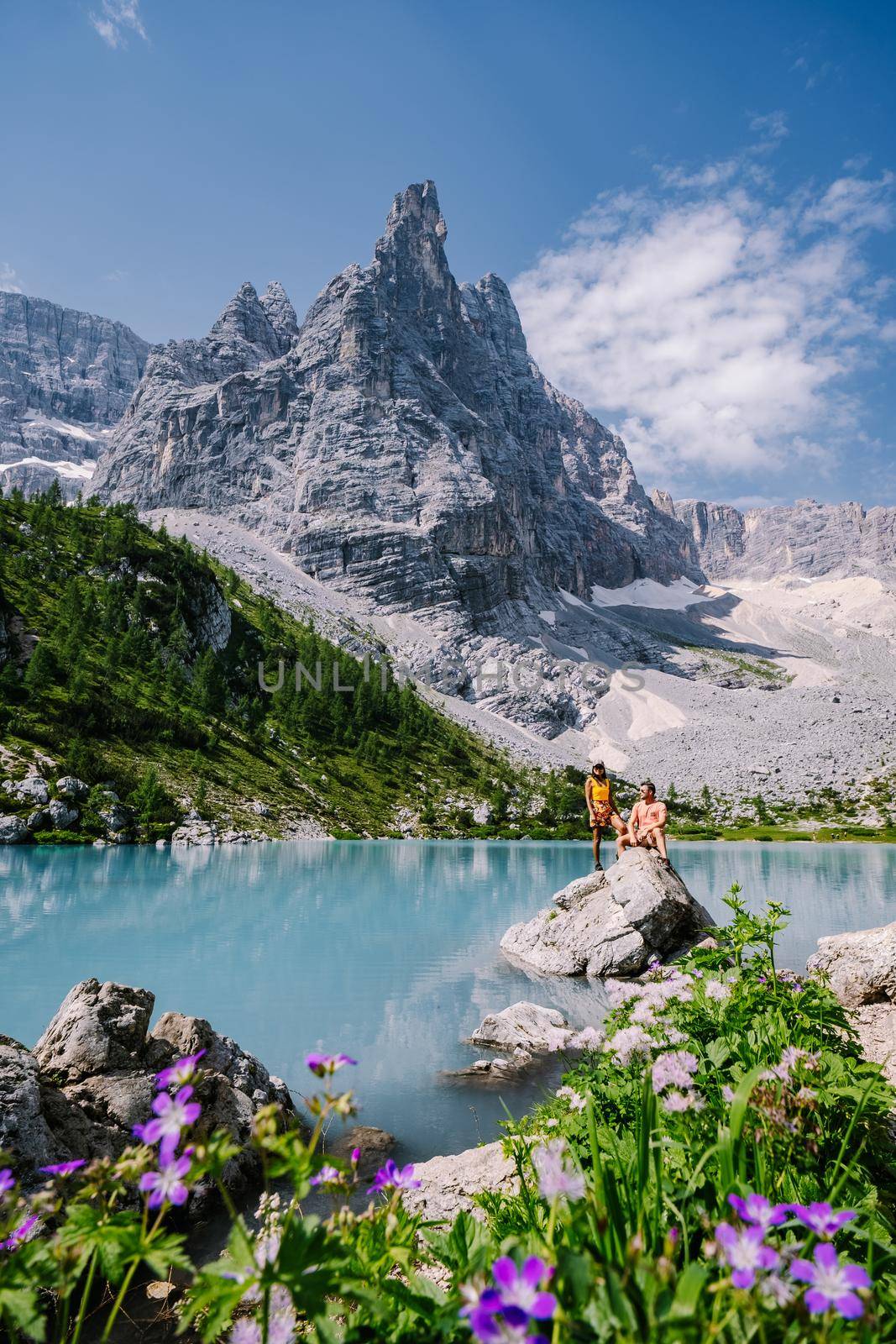 Morning with clear sky on Lago di Sorapis in italian Dolomites,milky blue lake Lago di Sorapis, Lake Sorapis, Dolomites, Italy by fokkebok