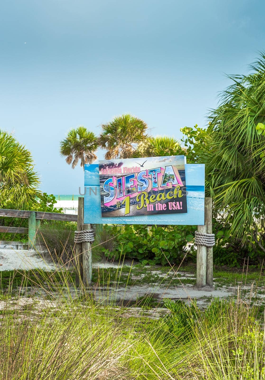 SARASOTA, USA - SEPTEMBER 04: Siesta Beach entry sign on September 04, 2014 In Sarasota, USA.