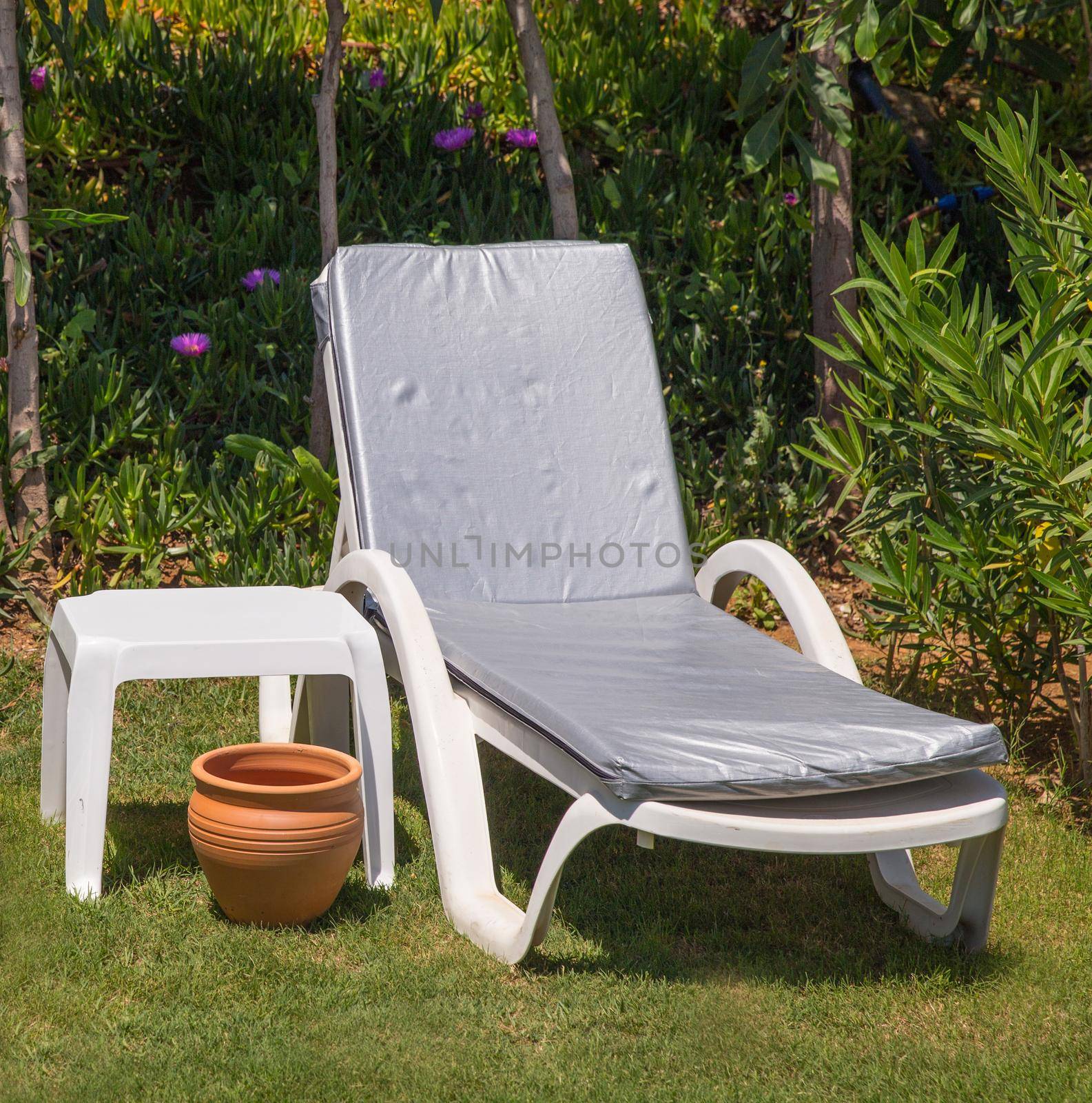 Two comfortable sunbeds with mattress on a lawn