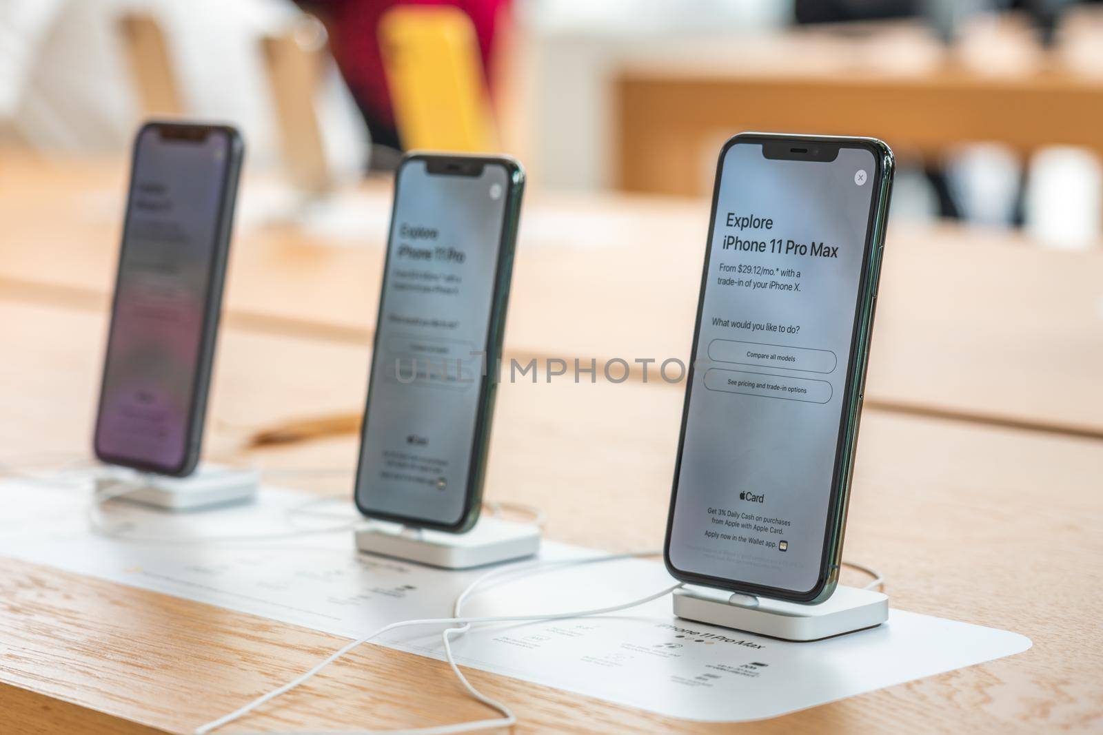 Aventura, Florida, USA - September 20, 2019: The iPhone 11, 11 Pro and Pro Max are displayed as the new smartphone by Apple goes on sale on the first day
