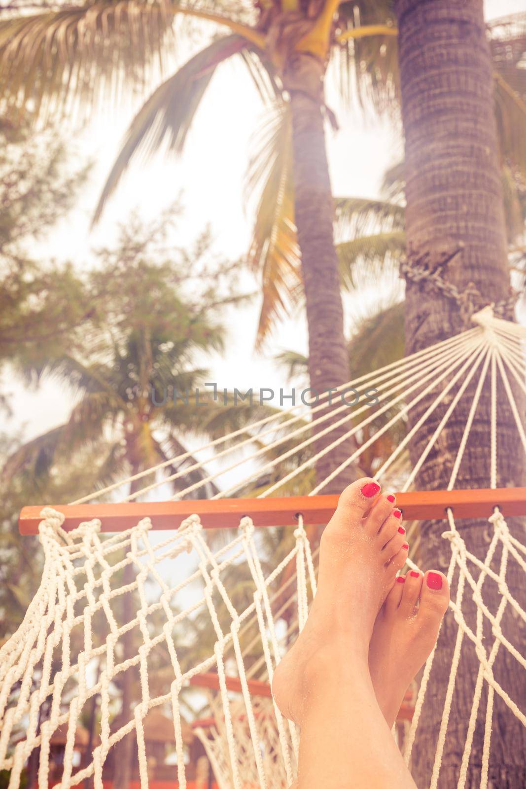 Female legs in a hammock on a background of the sea, palm trees and sunset. Vacation concept with copy space and orange color tone