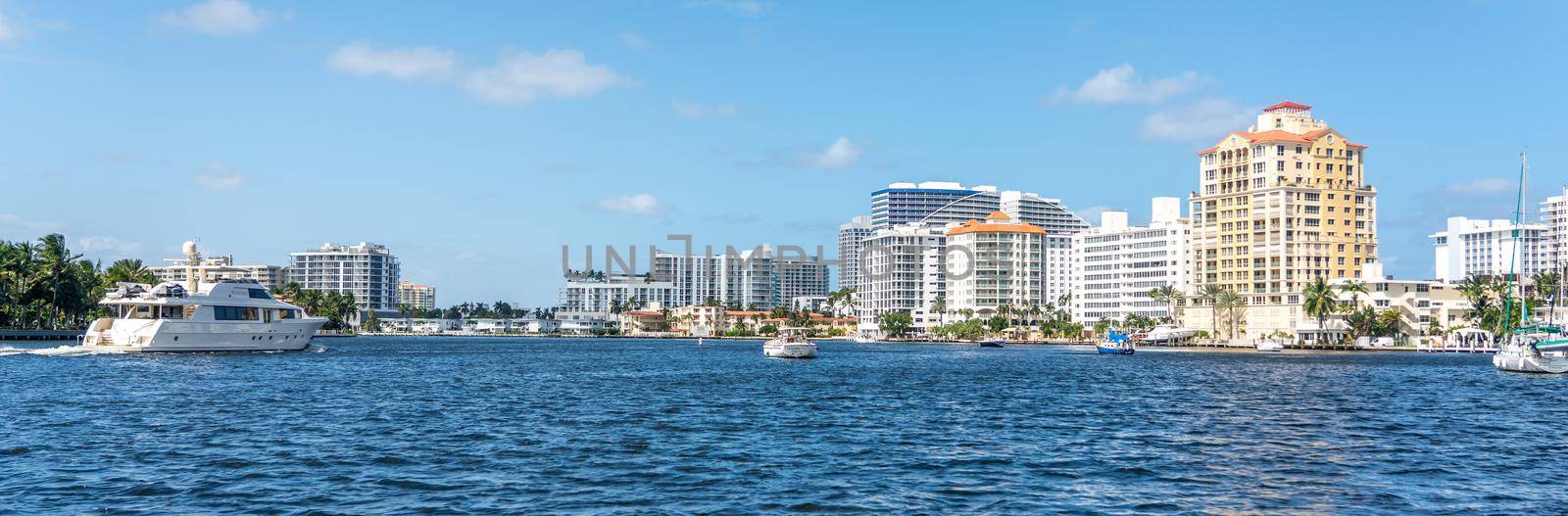 FORT LAUDERDALE, FLORIDA - September 20, 2019: Panorama of skyline of Fort Lauderdale from the canal by Mariakray