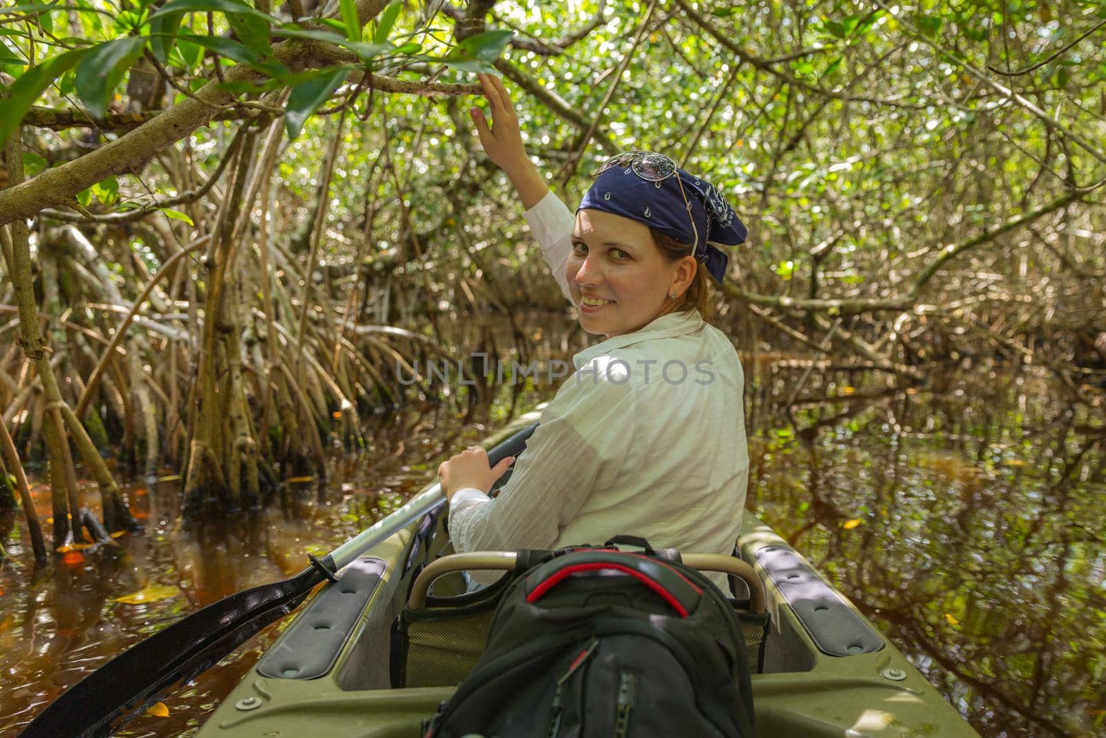 Tourist kayaking in mangrove forest in Everglades Florida, USA by Mariakray