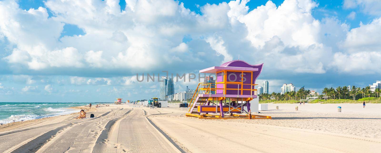 Miami - September 11, 2019: South beach in Miami with lifeguard hut in Art deco style by Mariakray