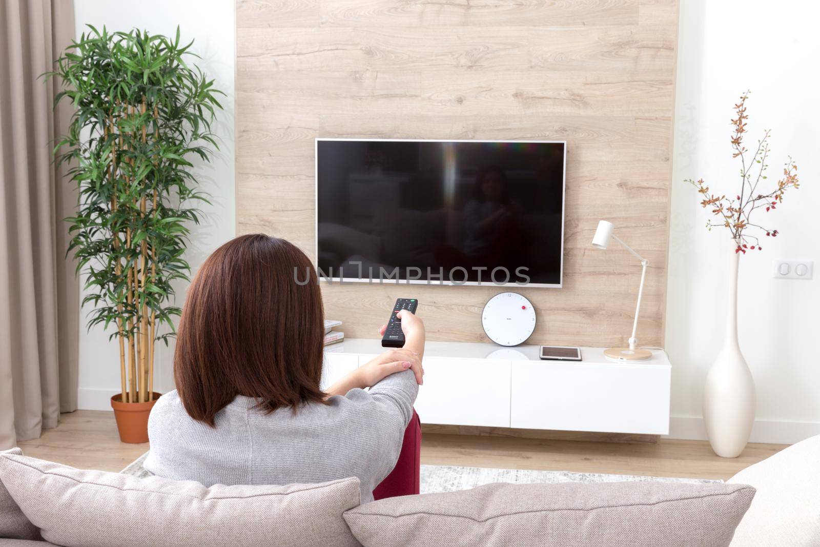Young woman watching TV in the living room