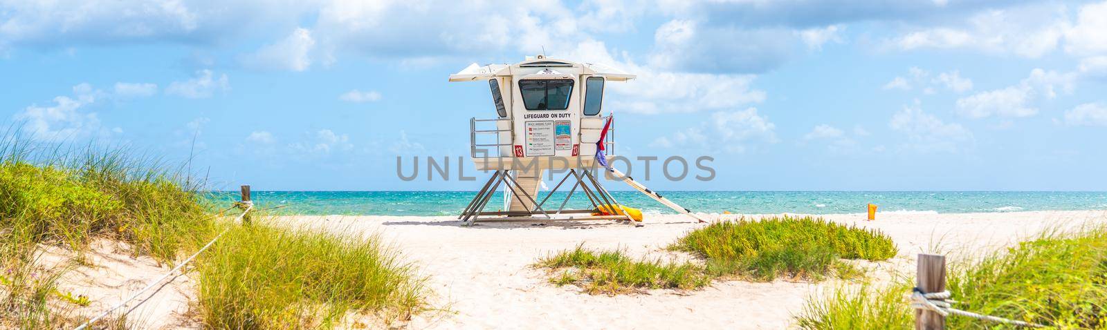 Panorama with lifeguard tower on the beach in Fort Lauderdale, Florida USA by Mariakray