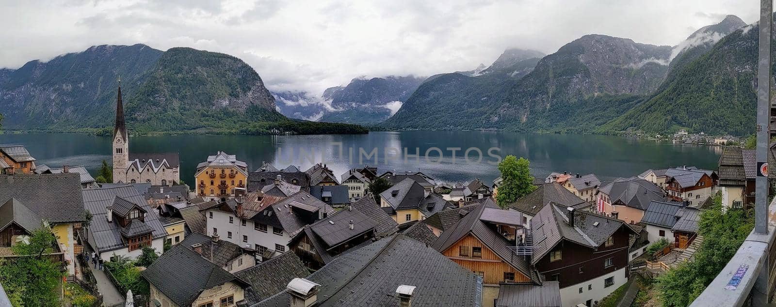 Hallstatt Austria city at lake and mountains panorama by weruskak