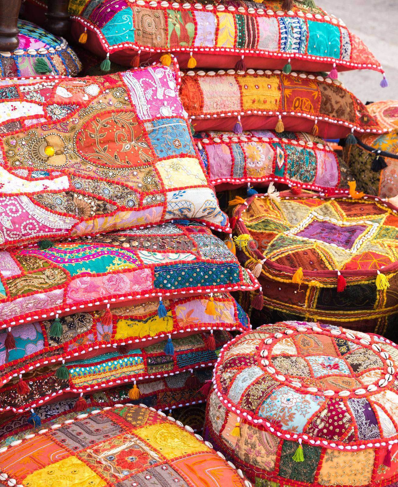 bright hand made pillows selling on a local eastern market