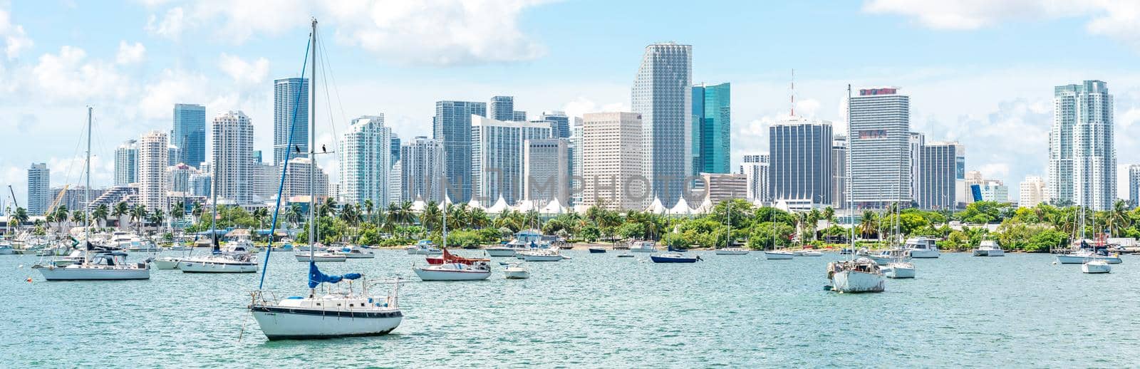 Miami, USA - September 11, 2019: Miami skyline with many yachts and boats
