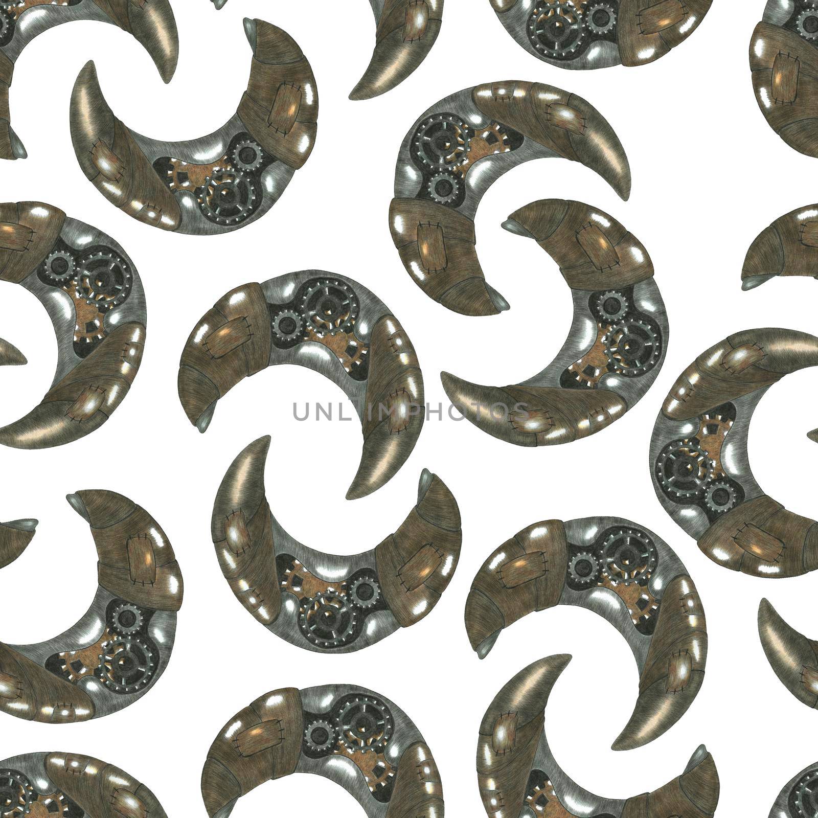 Hand-Drawn Seamless Pattern of Gray Colored Steampunk Moon on White Backdrop.