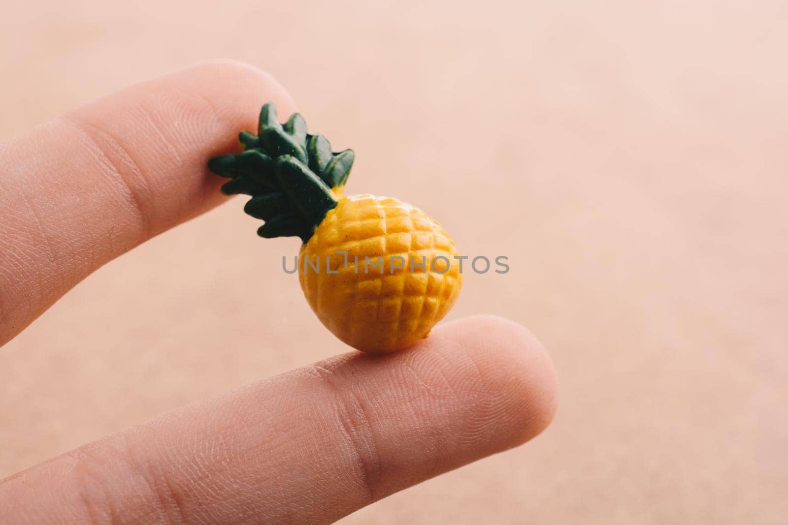 Hand holding a tiny pineapple miniature on a background on display